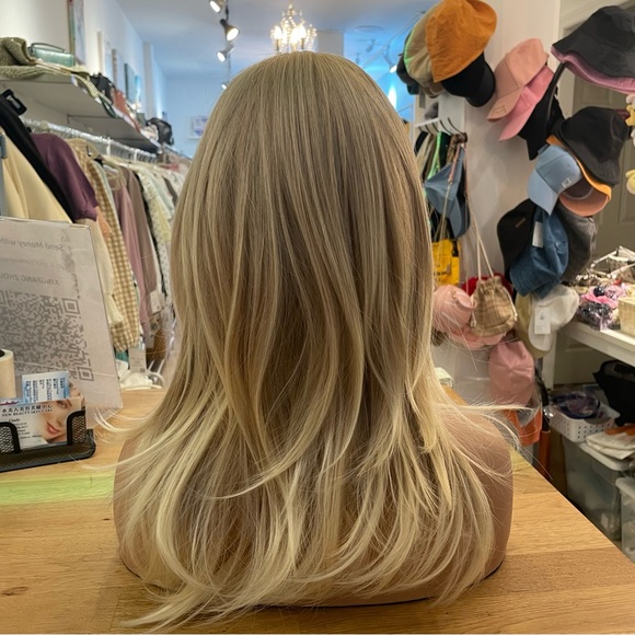 - Human hair blend blonde highlight platinum blonde  wave wig main image 9